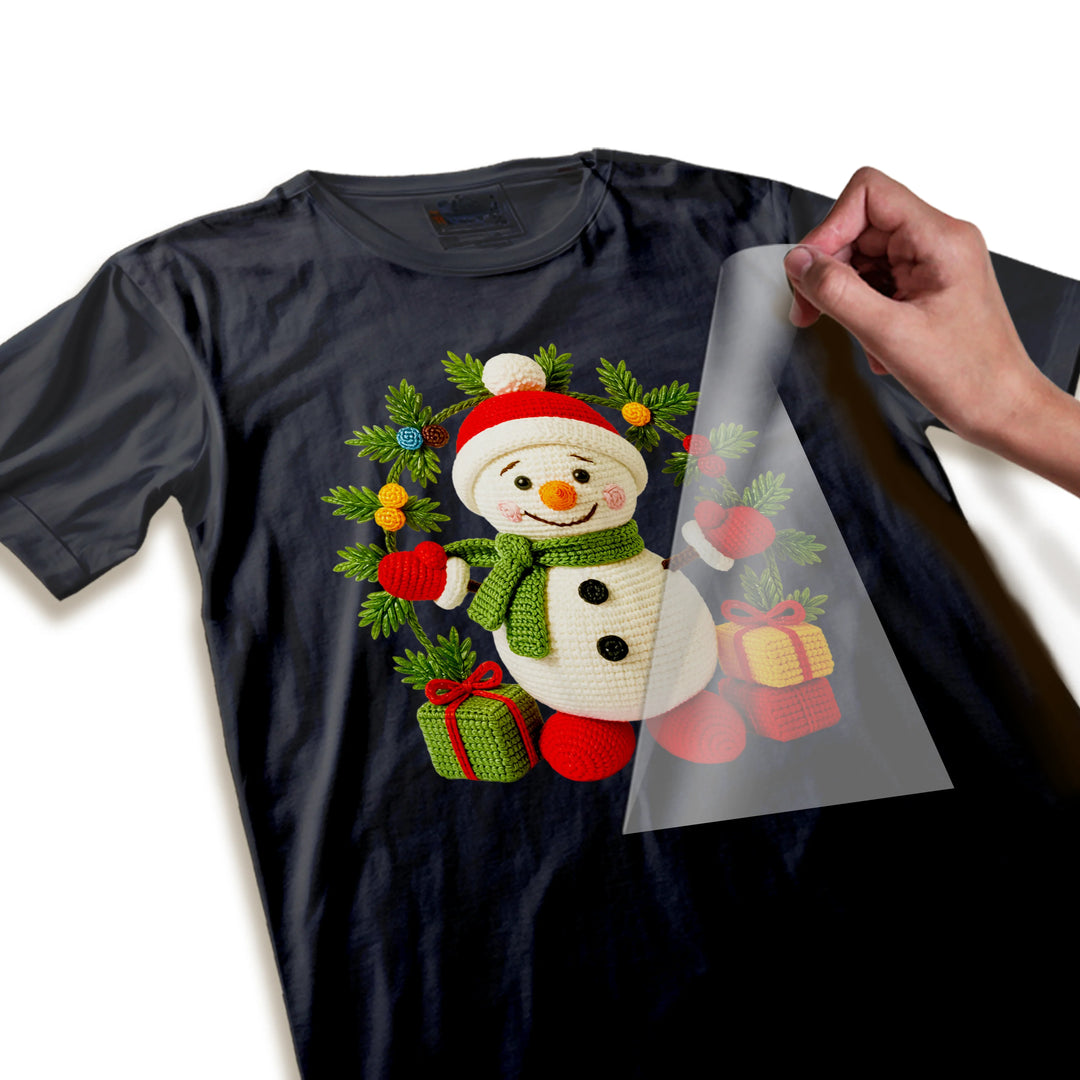 Close-up detail view of crochet-textured Christmas snowman DTF transfer showing intricate stitching pattern and vibrant colors