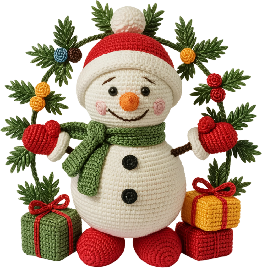 Crochet-style Christmas snowman DTF transfer design with festive wreath, presents, and holiday decorations on white background