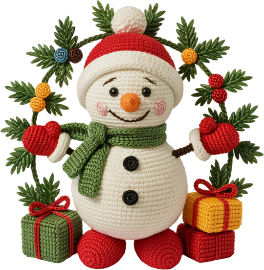 Crochet-style Christmas snowman DTF transfer design with festive wreath, presents, and holiday decorations on white background