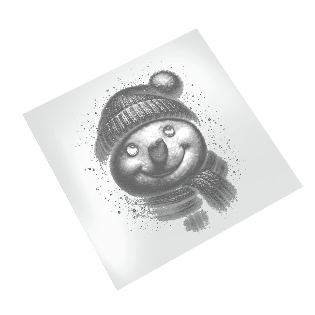 Christmas snowman DTF transfer on white background showing halftone dot pattern texture and winter accessories