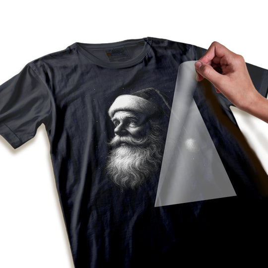 Close-up detail of vintage halftone Santa Christmas DTF transfer showing intricate dot shading technique and hand-drawn illustration quality