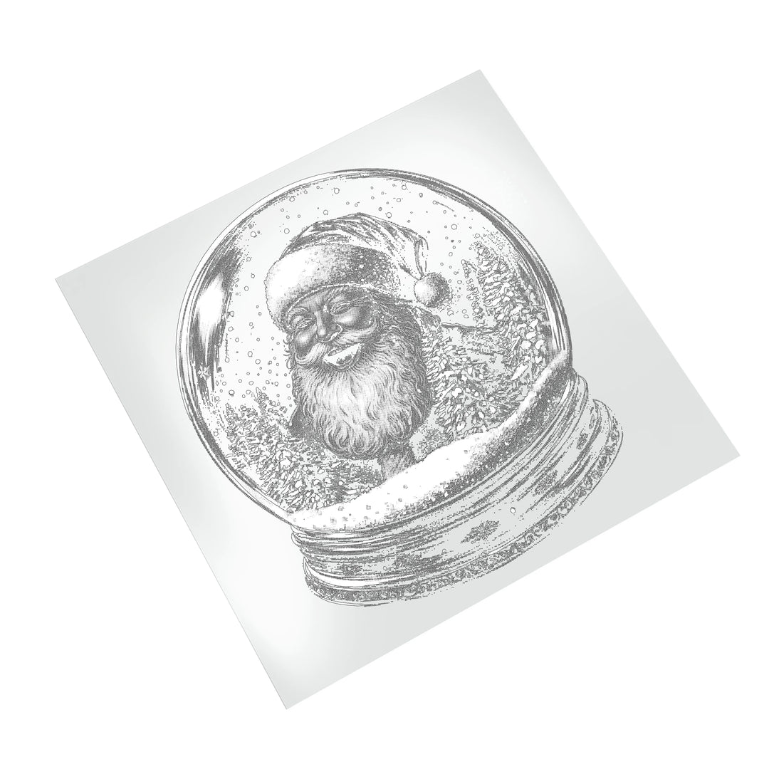 Christmas Santa snow globe DTF transfer design displayed on white background showing intricate crosshatched artwork and snow globe glass dome effect