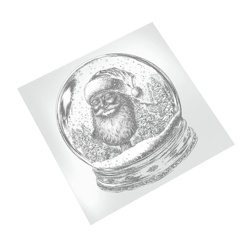 Christmas Santa snow globe DTF transfer design displayed on white background showing intricate crosshatched artwork and snow globe glass dome effect