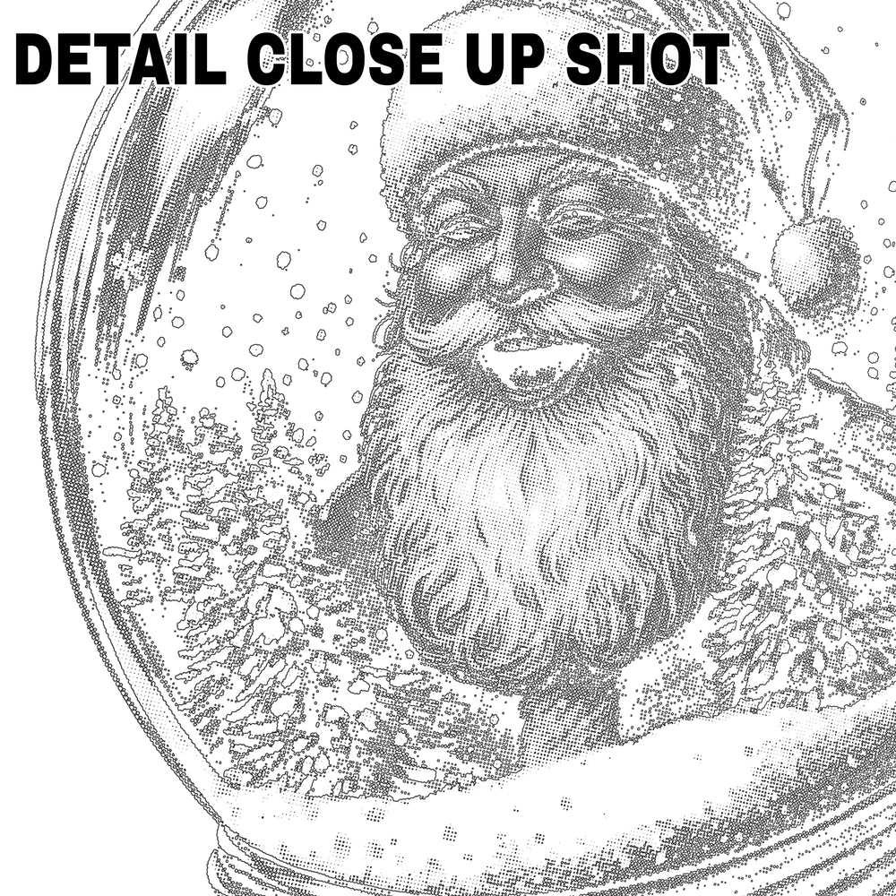 Vintage style Christmas DTF transfer featuring Santa Claus inside a detailed snow globe with floating snow particles in black and white engraved illustration style