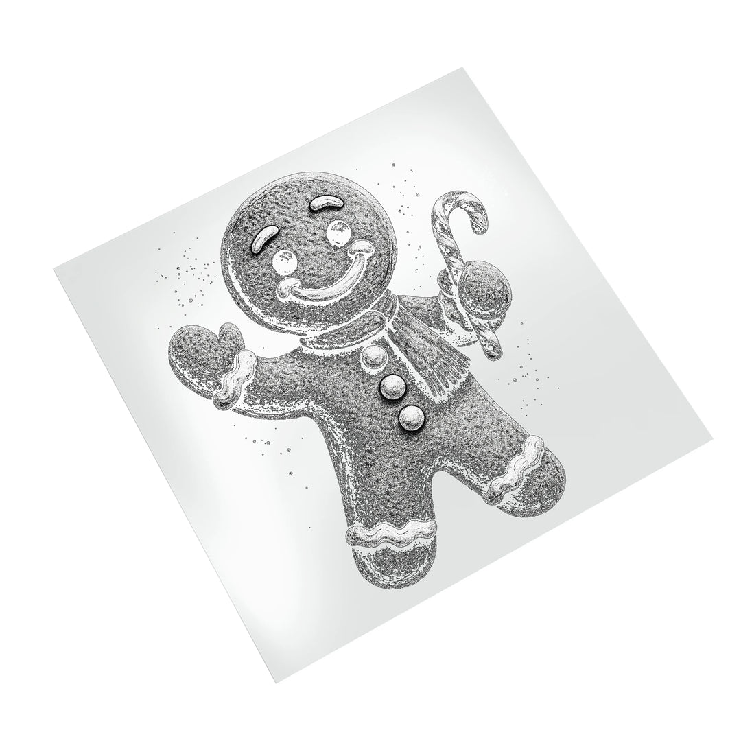 Halftone textured gingerbread man Christmas DTF transfer design mockup on white backdrop showing vintage stippled effect