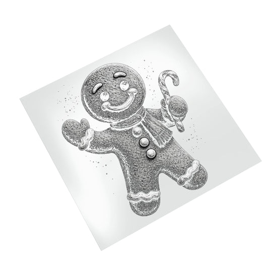 Halftone textured gingerbread man Christmas DTF transfer design mockup on white backdrop showing vintage stippled effect