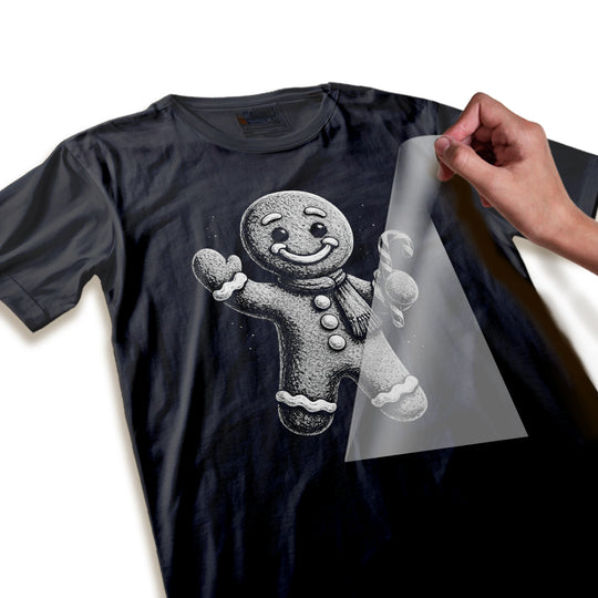 Close-up detail of halftone Christmas gingerbread man DTF transfer showing stippled texture quality and crisp design elements