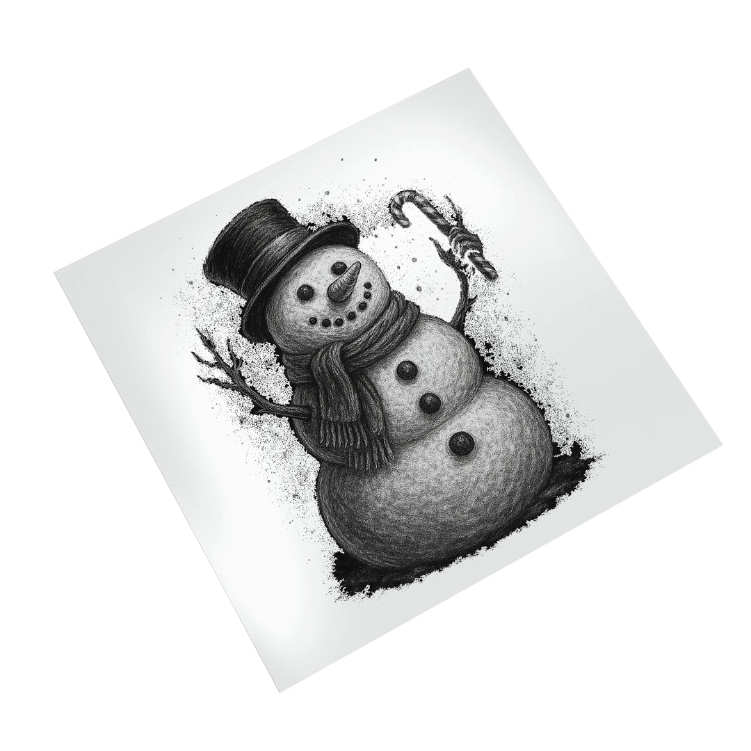 Christmas snowman DTF transfer with halftone dot texture and vintage sketch appearance displayed on clean white mockup background