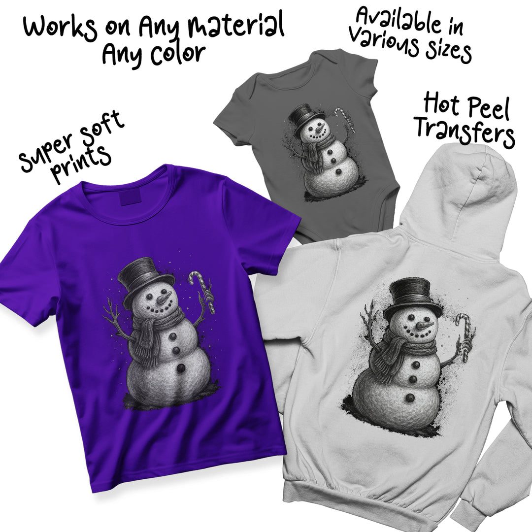 Multi-color variation of halftone snowman Christmas DTF transfer showing design versatility across different fabric colors