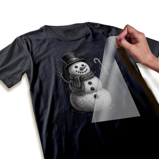 Close-up detail of halftone dot texture and sketch-style shading on snowman Christmas DTF transfer showing print quality