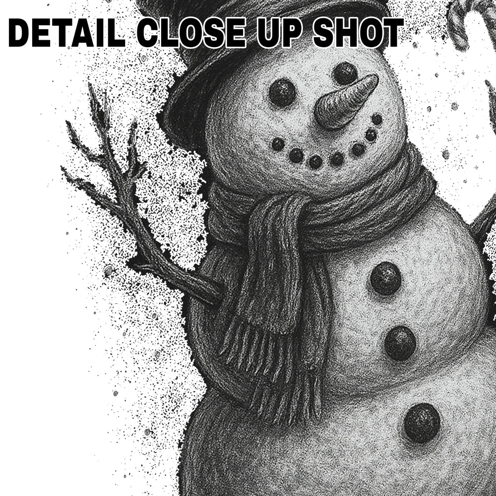Halftone textured snowman Christmas DTF transfer design with sketch-style shading, top hat, scarf, and artistic splatter effects on white background