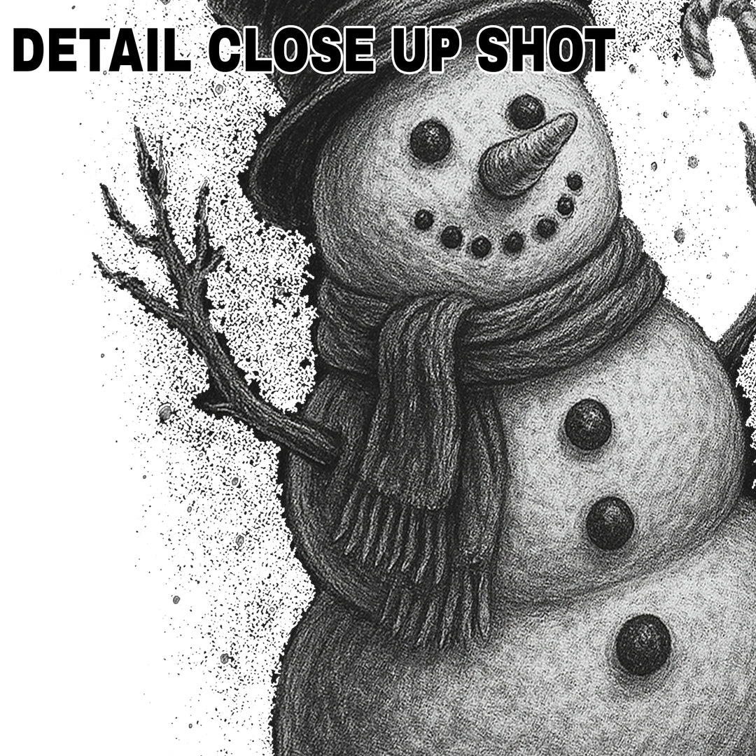 Halftone textured snowman Christmas DTF transfer design with sketch-style shading, top hat, scarf, and artistic splatter effects on white background