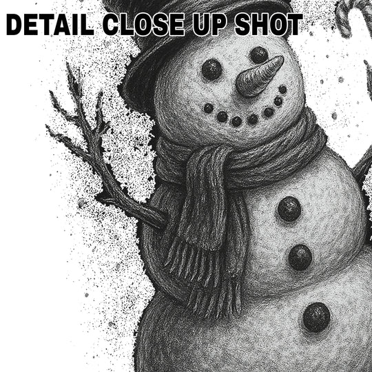 Halftone textured snowman Christmas DTF transfer design with sketch-style shading, top hat, scarf, and artistic splatter effects on white background
