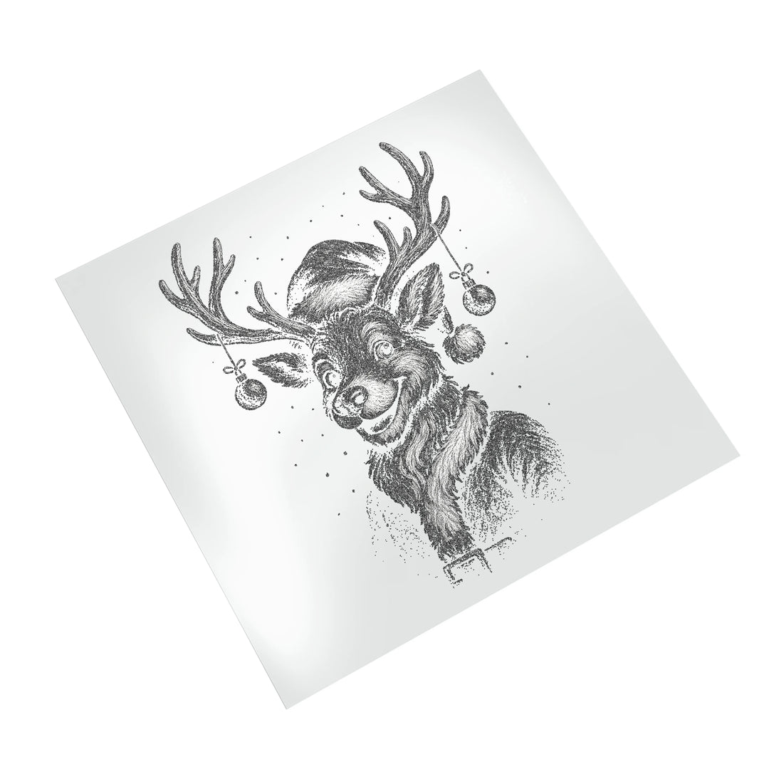 Christmas vintage reindeer DTF transfer displayed on white background showing detailed halftone shading and ornament decorations ready for heat press application