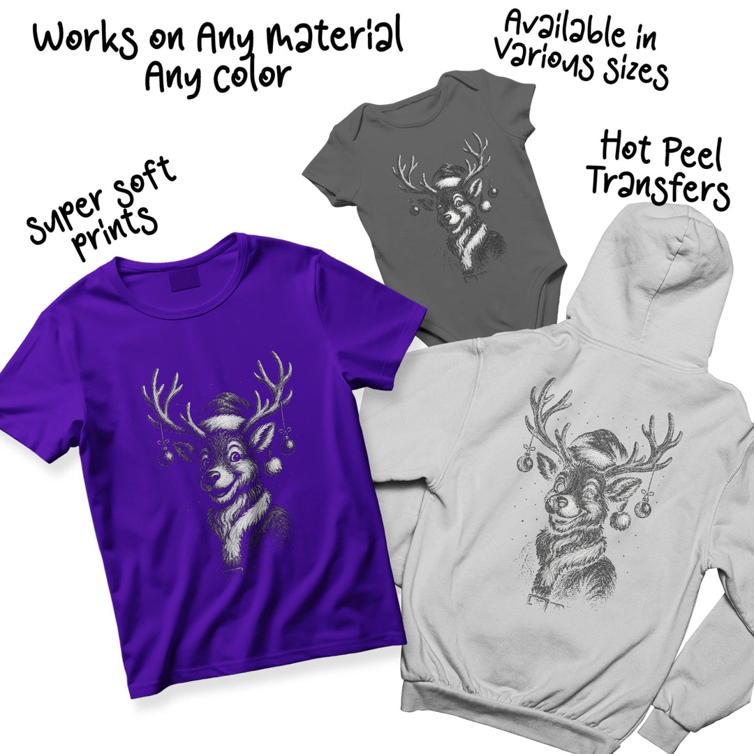 Multi-color variations of Christmas reindeer DTF transfer design showing different color options for vintage holiday ornament illustration