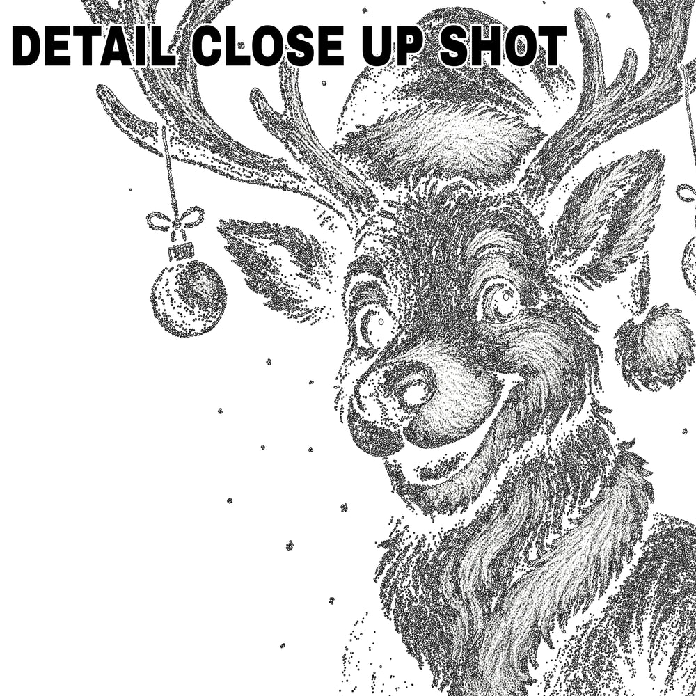 Christmas DTF transfer design featuring vintage-style reindeer with antlers decorated with hanging Christmas ornaments, rendered in detailed halftone illustration style