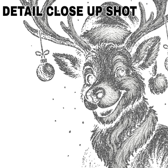 Christmas DTF transfer design featuring vintage-style reindeer with antlers decorated with hanging Christmas ornaments, rendered in detailed halftone illustration style