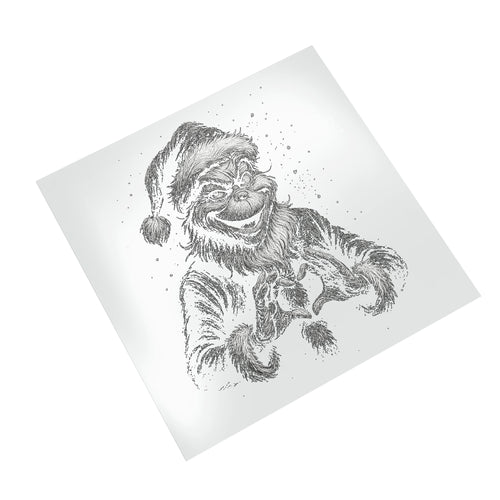 Christmas Mean Green Guy halftone DTF transfer displayed on clean white background showing detailed dot pattern and sketch-style illustration