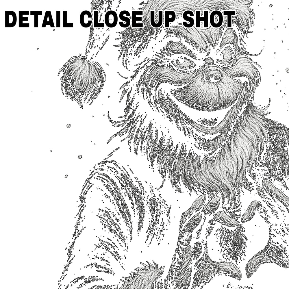 Christmas DTF transfer design showing Mean Green Guy character in black halftone dot pattern style with vintage comic book aesthetic