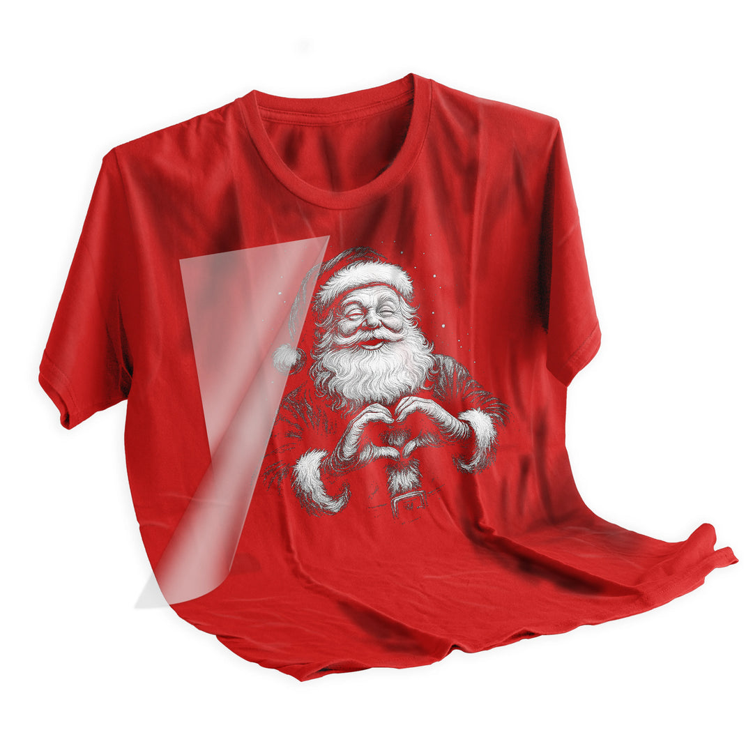 Vintage engraved Santa Christmas DTF transfer applied to dark colored t-shirt showing final pressed result and design quality