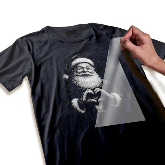 Close-up detail shot of vintage engraved Santa Christmas DTF transfer showing intricate line work and cross-hatching texture quality