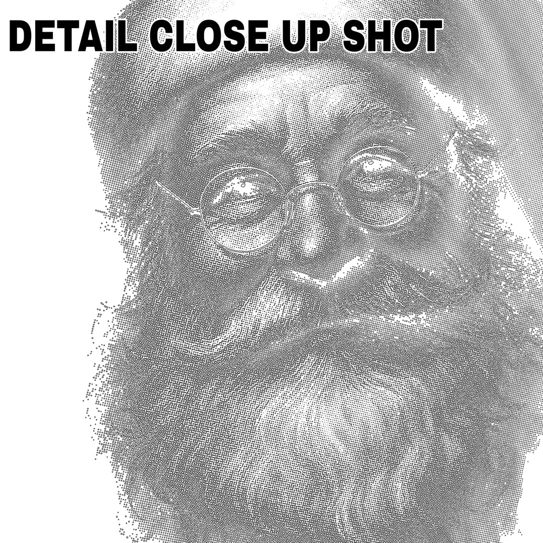 Halftone textured Santa portrait DTF transfer design with vintage stippled shading on white background