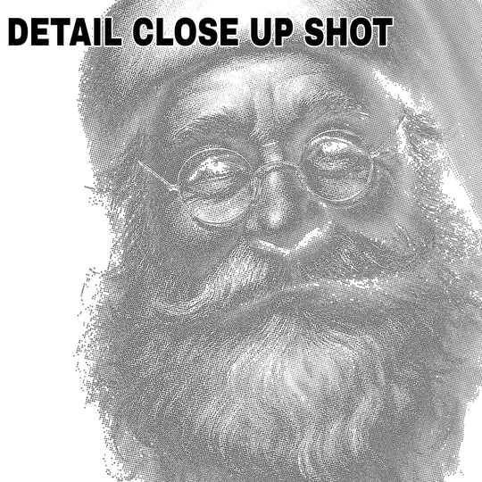 Halftone textured Santa portrait DTF transfer design with vintage stippled shading on white background