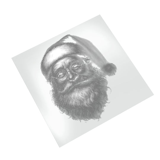 Christmas Santa DTF transfer with halftone texture shown on white t-shirt mockup for holiday apparel