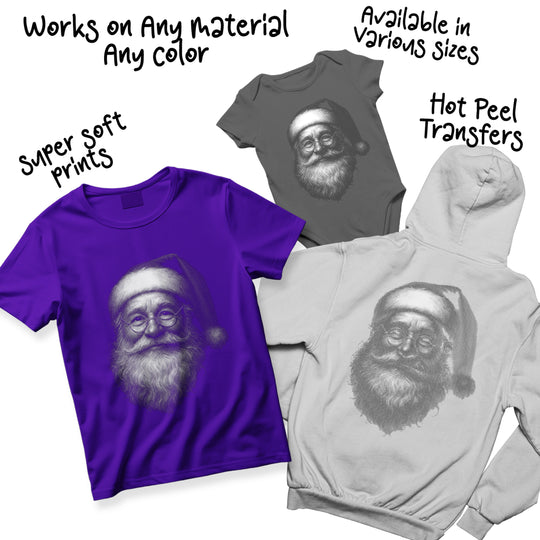 Halftone Santa DTF transfer design variations showing different color options for Christmas merchandise