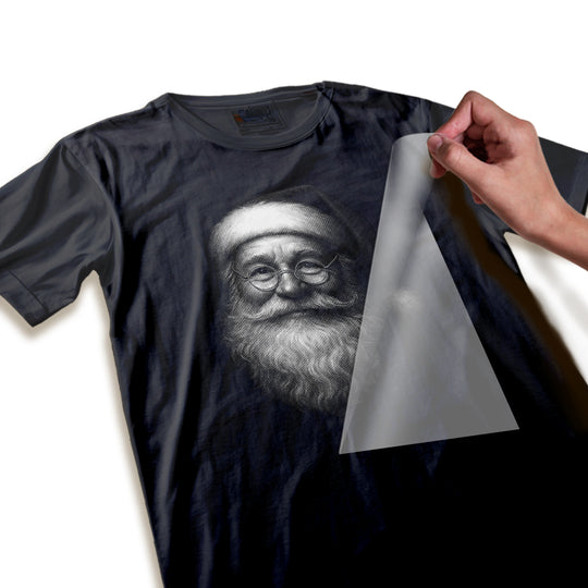 Close-up detail of halftone Santa DTF transfer showing stippled texture and vintage shading quality