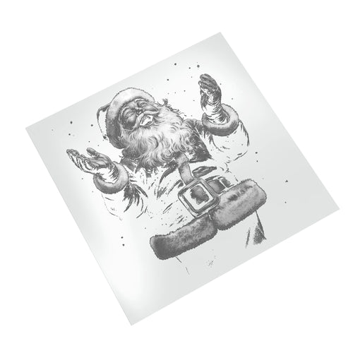 Christmas DTF transfer vintage Santa design displayed on white background showing detailed halftone dots and crosshatch illustration technique