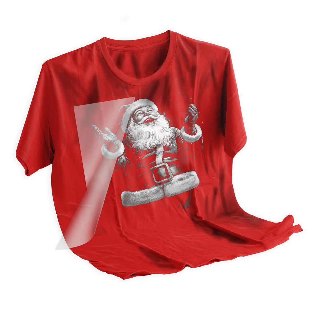 Christmas vintage Santa DTF transfer applied to dark t-shirt showing final pressed result with crisp halftone details and retro styling
