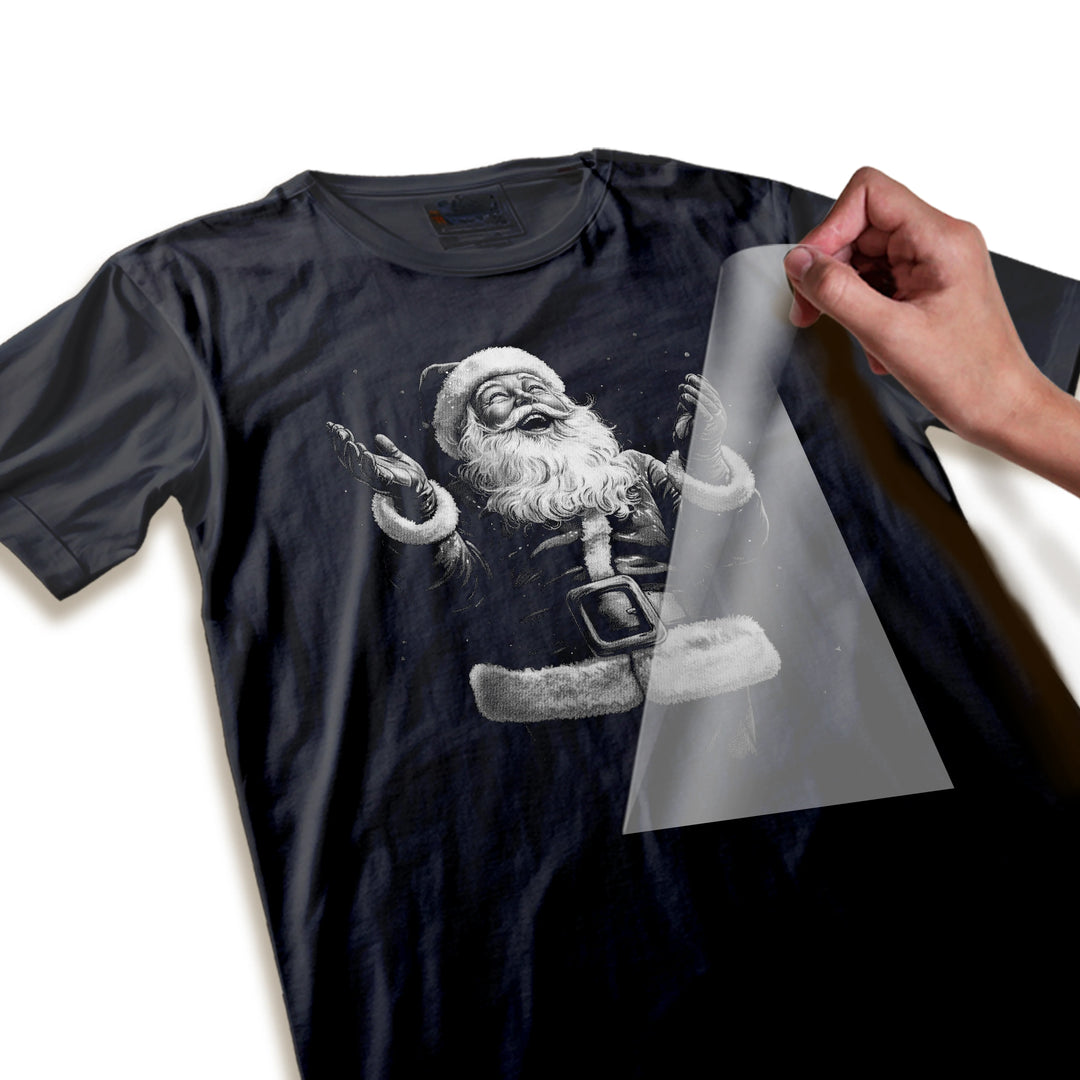 Close-up detail of vintage Santa Christmas DTF transfer showing intricate halftone dot pattern and crosshatch shading technique