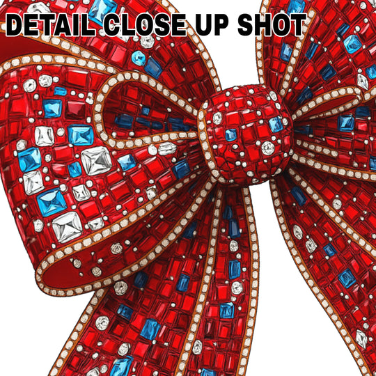 Christmas rhinestone bow DTF transfer with red background and blue crystal accents on transparent film