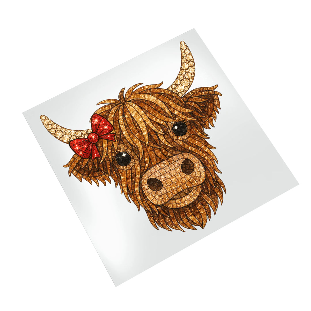 Christmas highland cow DTF transfer with mosaic textured fur pattern and red bow accent displayed on white background mockup