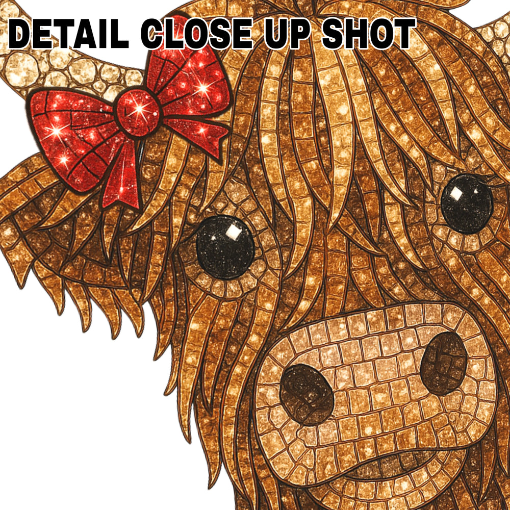 Christmas highland cow DTF transfer design with textured brown fur, sparkly horns, and festive red bow on transparent background