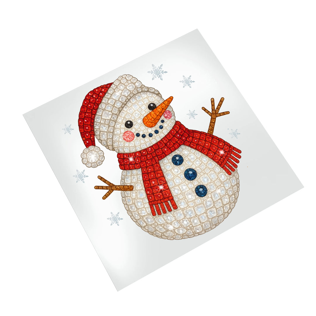 Rhinestone Christmas snowman DTF transfer on white background showing detailed sequin-style texture and holiday design elements