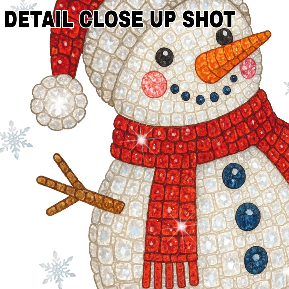 Christmas rhinestone snowman DTF transfer with red Santa hat and scarf, featuring sparkling sequin mosaic texture and scattered snowflakes