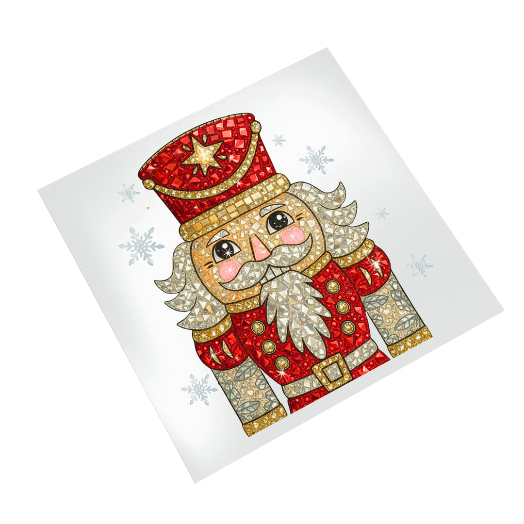 Christmas nutcracker DTF transfer mockup on white t-shirt showing rhinestone details and festive holiday design placement