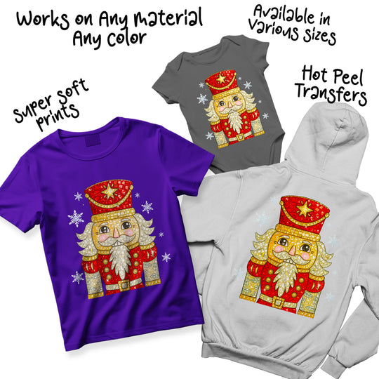 Multi-color variations of rhinestone nutcracker Christmas DTF transfer showing different colorway options for holiday apparel