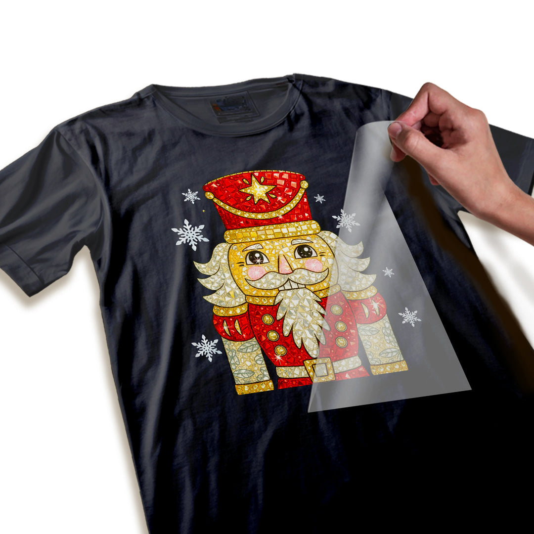 Close-up detail shot of rhinestone nutcracker DTF transfer showing individual rhinestone placement and textured sequin quality