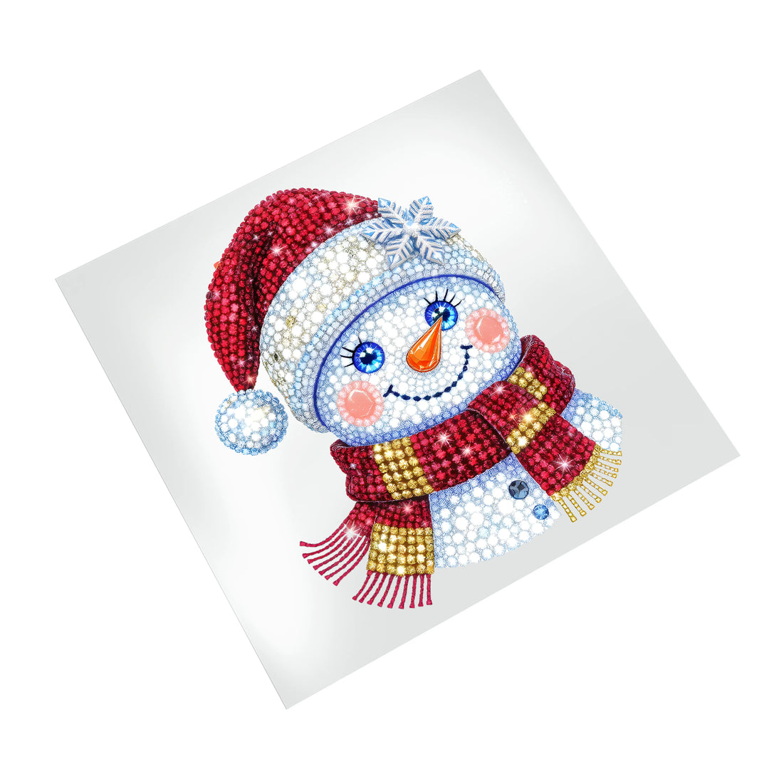 Christmas snowman DTF transfer with crystalline rhinestone effect displayed on white t-shirt mockup