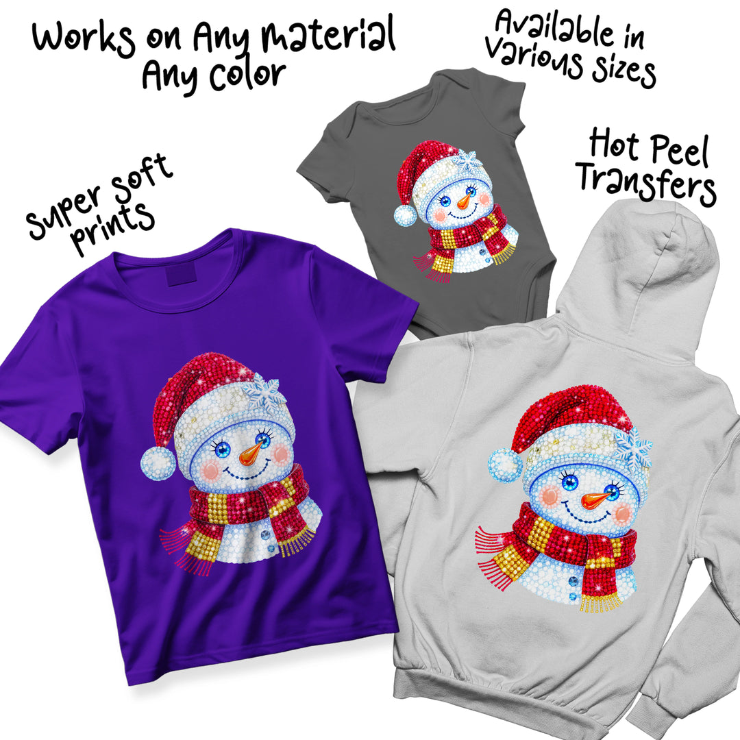 Multiple color variations of rhinestone Christmas snowman DTF transfer designs showing different sparkle effects