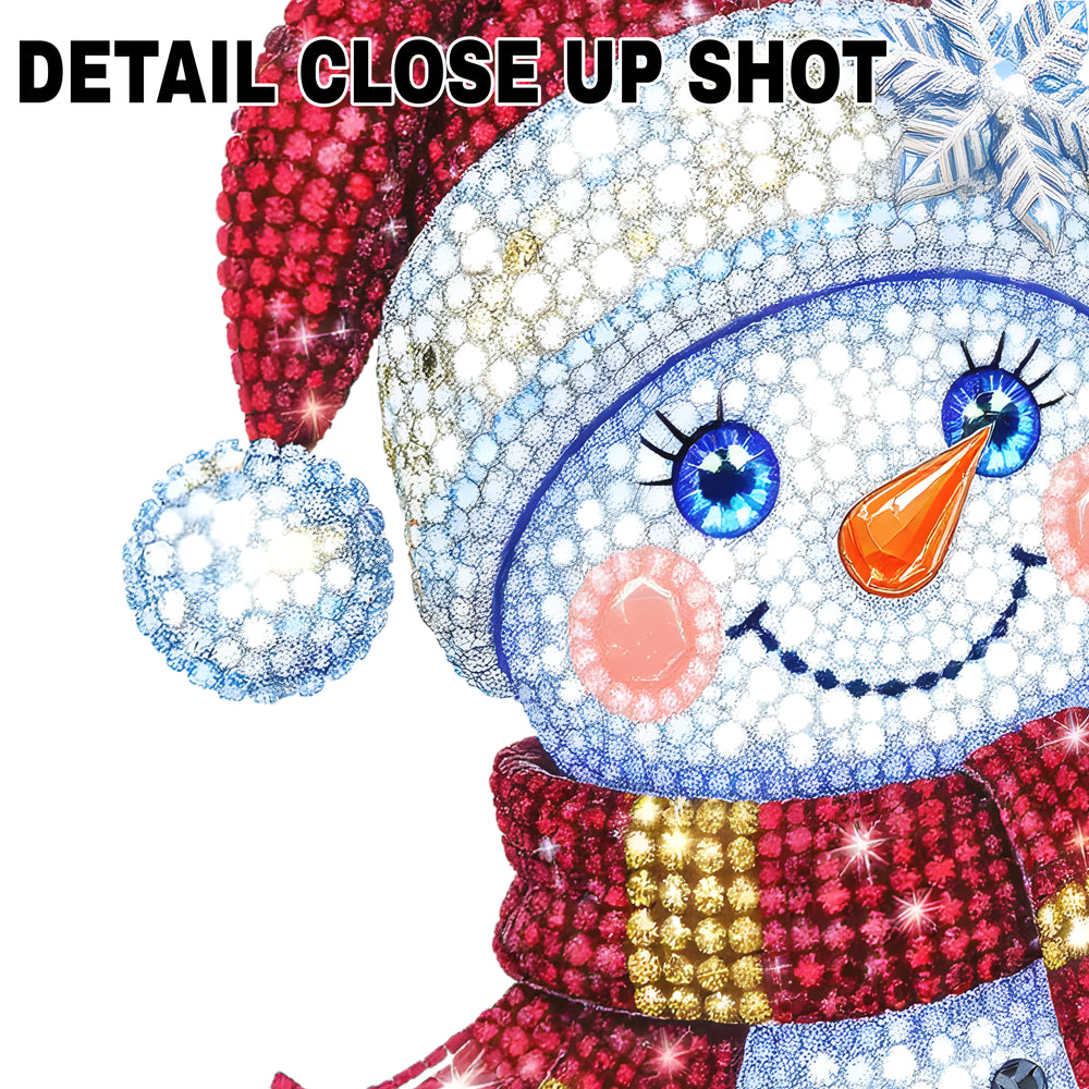 Rhinestone sparkle Christmas snowman DTF transfer design with red Santa hat and striped scarf on white background