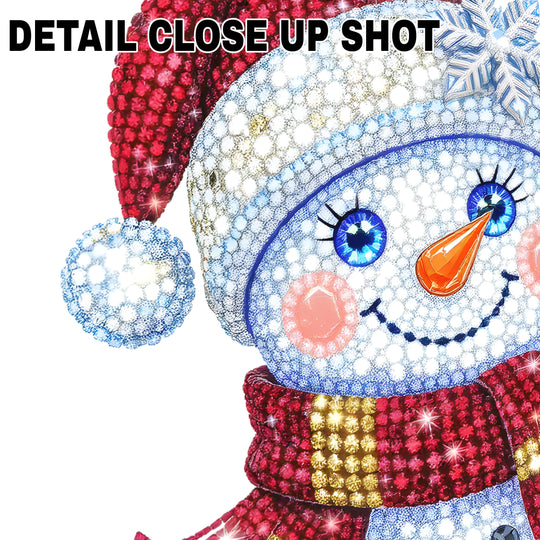 Rhinestone sparkle Christmas snowman DTF transfer design with red Santa hat and striped scarf on white background