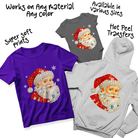 Multi-color variation of rhinestone Santa DTF transfer displaying different crystal color options and sparkling jeweled effects