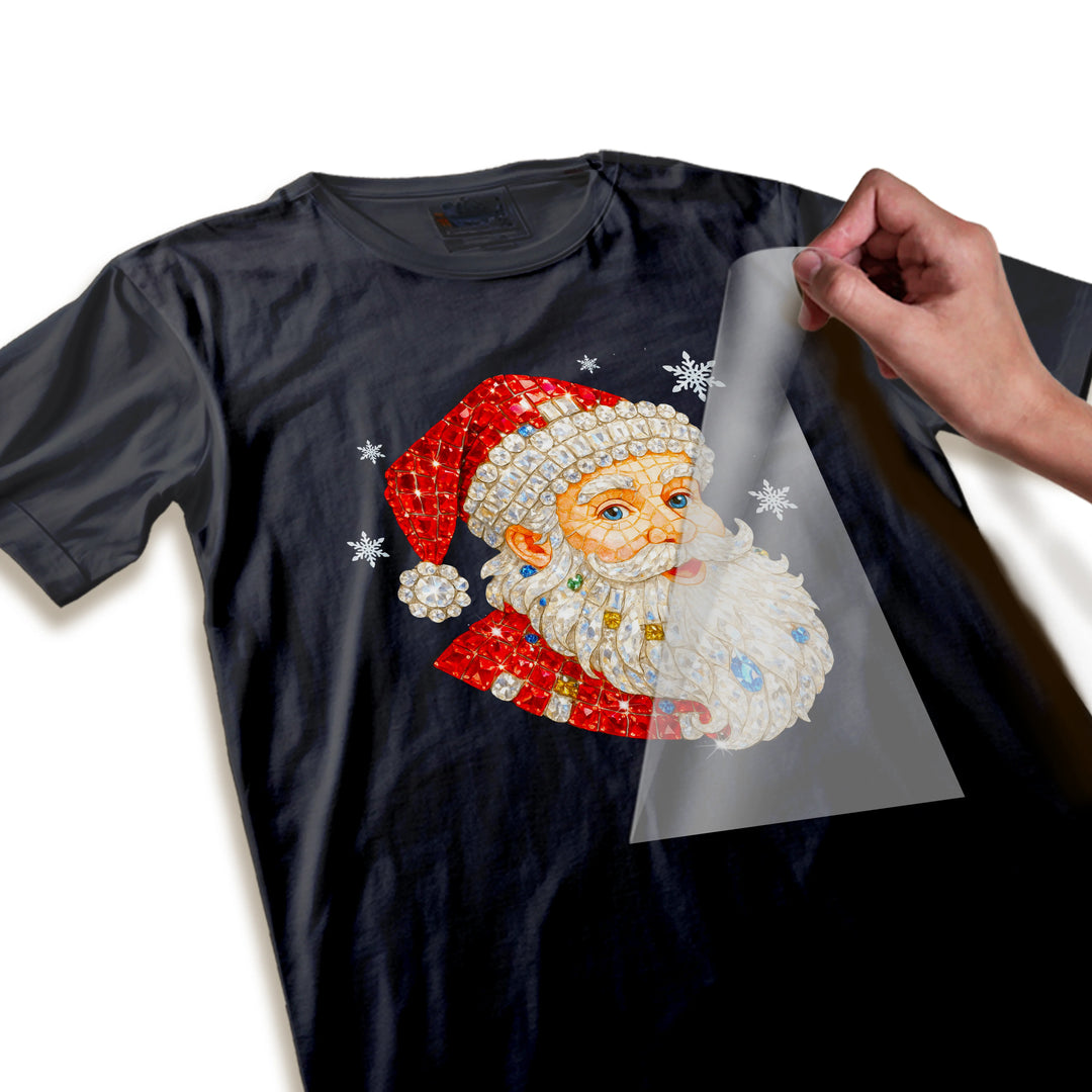 Close-up detail shot of rhinestone Santa DTF transfer highlighting intricate crystal gems, jeweled beard texture, and premium finish quality