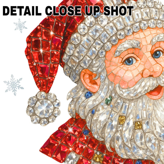 Rhinestone Santa DTF transfer design with sparkling red crystal hat, jeweled white beard, and snowflake border on transparent background