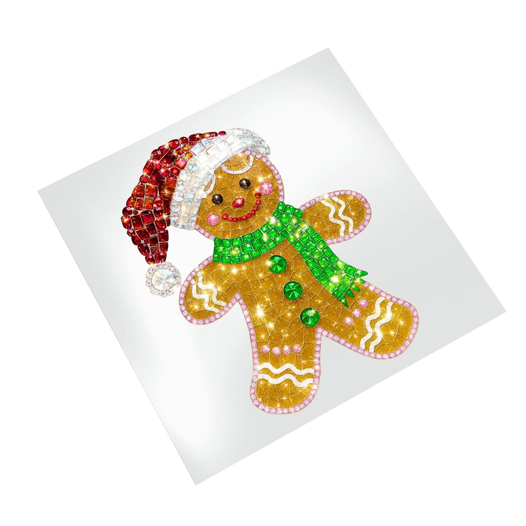 Christmas gingerbread man DTF transfer with rhinestone effect displayed on clean white background, showing detailed crystal-like texture and holiday colors