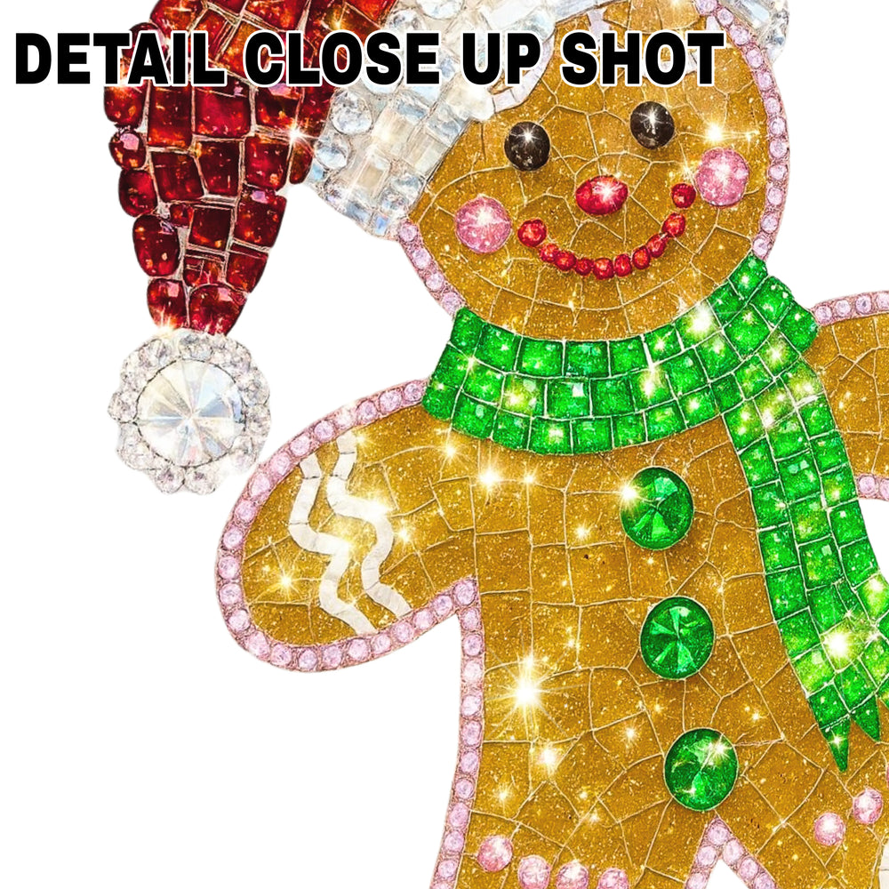 Rhinestone Christmas gingerbread man DTF transfer with Santa hat on transparent background, featuring red, green and gold sparkly crystal effects